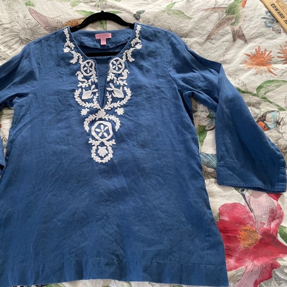 Lilly Pulitzer Gorgeous Blue 100% Linen Tunic Top Blouse Women's Medium
